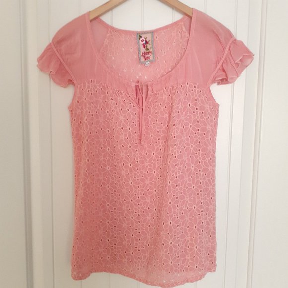 Johnny Was Tops - Johnny Was Short Sleeve Eyelet Rayon Top with Scoop Neck & Tie Pink Size XS